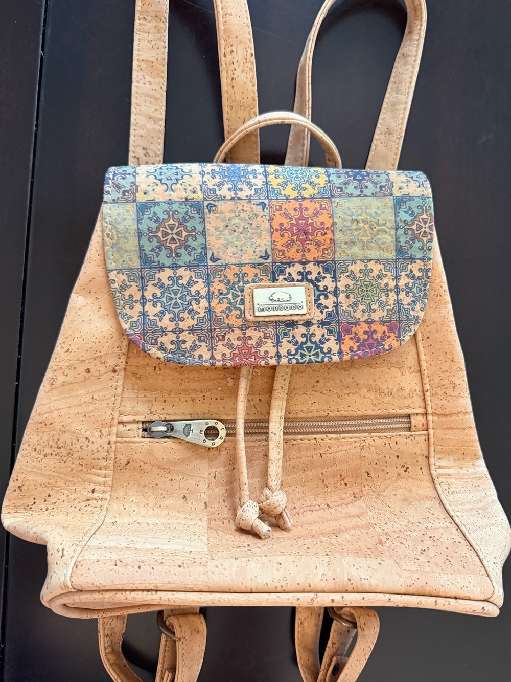 Montado Portugal Genuine Cork Backpack Azulejo Tile Print Vegan EUC